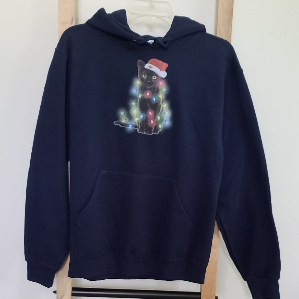 NWOT Jerzees Navy Black Cat Christmas Graphic Sweatshirt